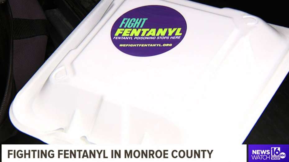 Diner to-go container with a Fight Fentanyl sticker on it, symbolizing support and unity in the fight against the fentanyl crisis in Monroe County